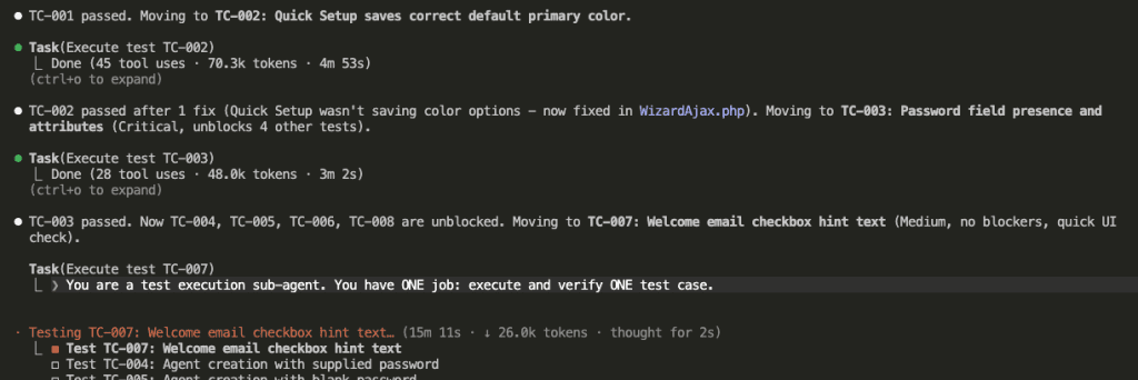 Claude Code showing TC-003 passed, announcing that TC-004, TC-005, TC-006, TC-008 are now unblocked, then moving to TC-007