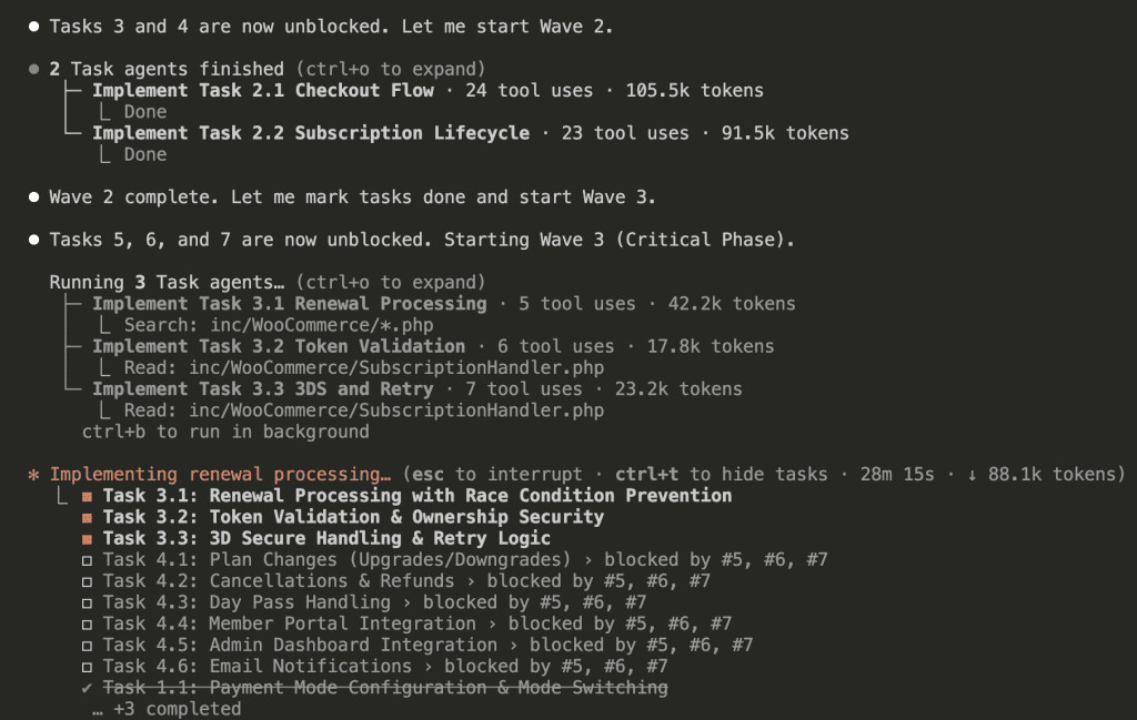 Claude Code showing Wave 2 completion and Wave 3 starting with 3 Task agents implementing Renewal Processing with Race Condition Prevention, Token Validation and Ownership Security, and 3D Secure Handling with Retry Logic, with completed tasks shown crossed out