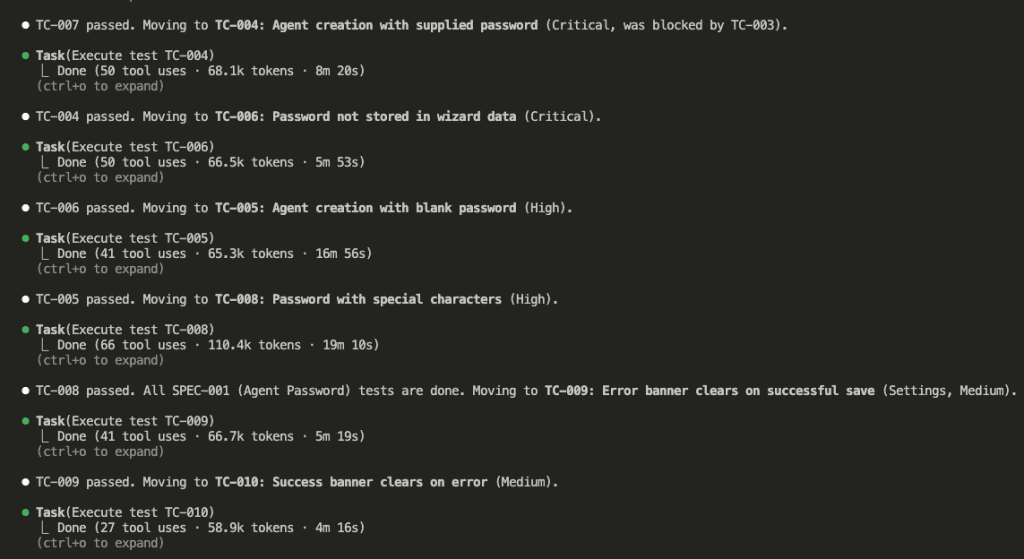 Claude Code showing a sequence of passed tests: TC-007, TC-004, TC-006, TC-005, TC-008, TC-009, TC-010, each with tool usage stats and completion times
