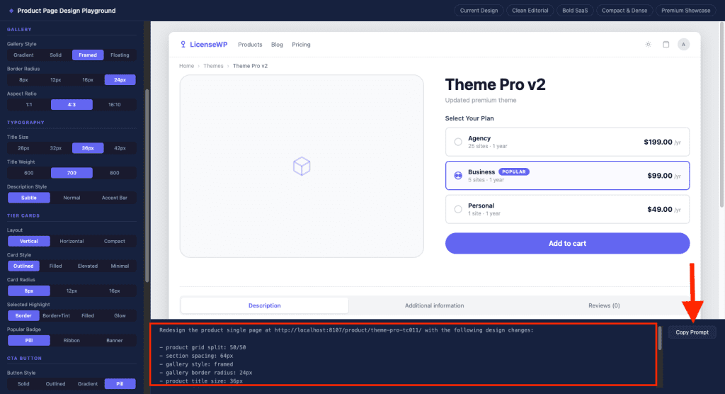 Alt: The playground with controls adjusted showing the generated prompt output at the bottom in a highlighted box listing all design changes: product grid split 50/50, section spacing 64px, gallery style framed, border radius 24px, title size 36px, etc., with a Copy Prompt button on the right