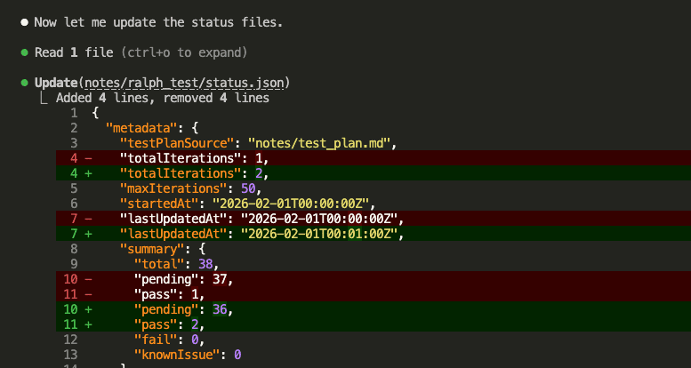 Claude Code diff showing status.json metadata updates: totalIterations increased to 2, lastUpdatedAt timestamp updated