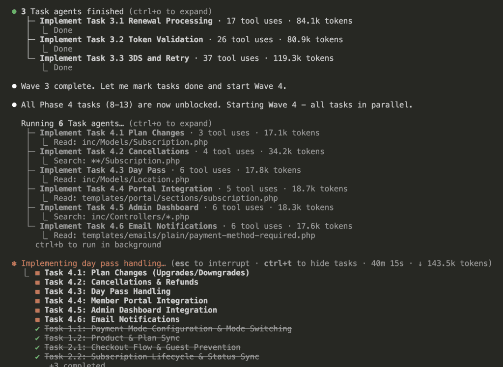 Claude Code displaying Wave 3 completion with all 3 tasks done, then starting Wave 4 with 6 Task agents running simultaneously for Plan Changes, Cancellations, Day Pass, Portal Integration, Admin Dashboard, and Email Notifications