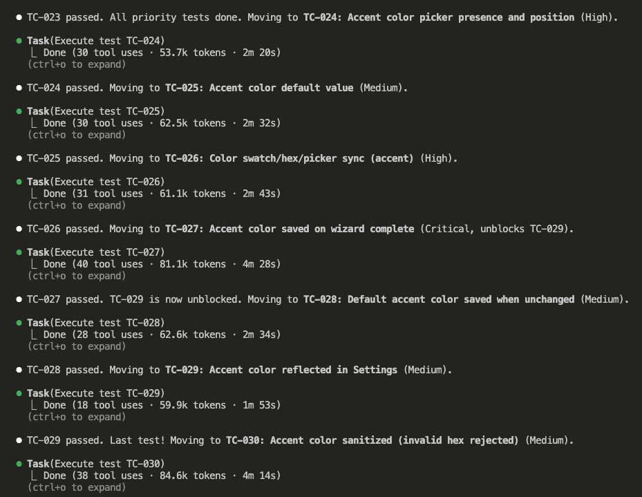 Claude Code showing later tests completing: TC-023 through TC-030, including TC-029 being unblocked after TC-027, with all tests passing