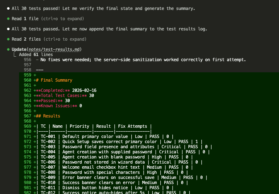 Claude Code showing final test results being written to test-results.md, displaying a summary table with all 30 tests passed, including TC-001 through TC-012 with their priorities and fix attempts
