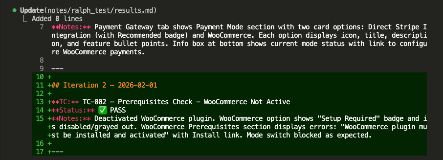 Claude Code showing results.md update with Iteration 2 section added, TC-002 test details, PASS status, and notes about WooCommerce prerequisite behavior verification