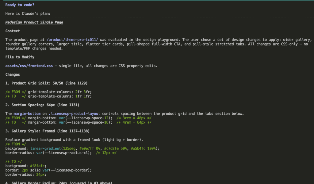 Alt: Claude Code's detailed plan titled "Redesign Product Single Page" showing the context, file to modify (assets/css/frontend.css), and specific CSS changes including grid-template-columns changing from 2fr 3fr to 1fr 1fr, margin-bottom adjustments, and gallery style changes from gradient to framed with exact code snippets