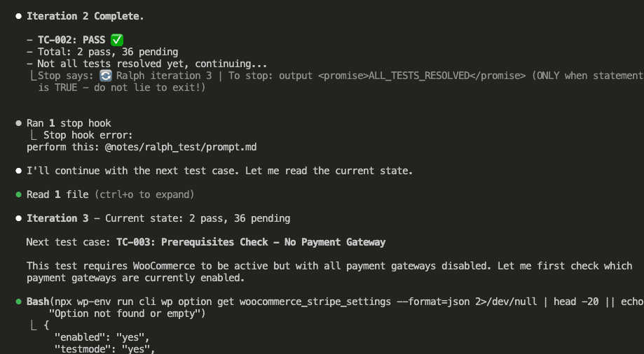 Claude Code showing Iteration 2 Complete with TC-002 PASS, total 2 pass 36 pending, stop hook message triggering Ralph iteration 3, then reading state for TC-003 Prerequisites Check No Payment Gateway