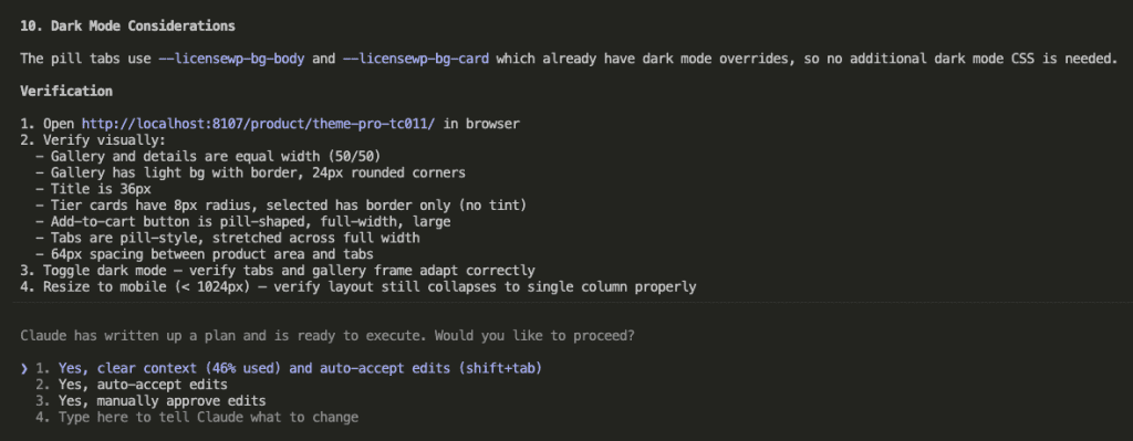 Alt: Continuation of the plan showing dark mode considerations (existing CSS variables handle it automatically), verification steps for testing the changes visually, and the execution prompt asking whether to proceed with options to clear context, auto-accept edits, manually approve, or modify the plan
