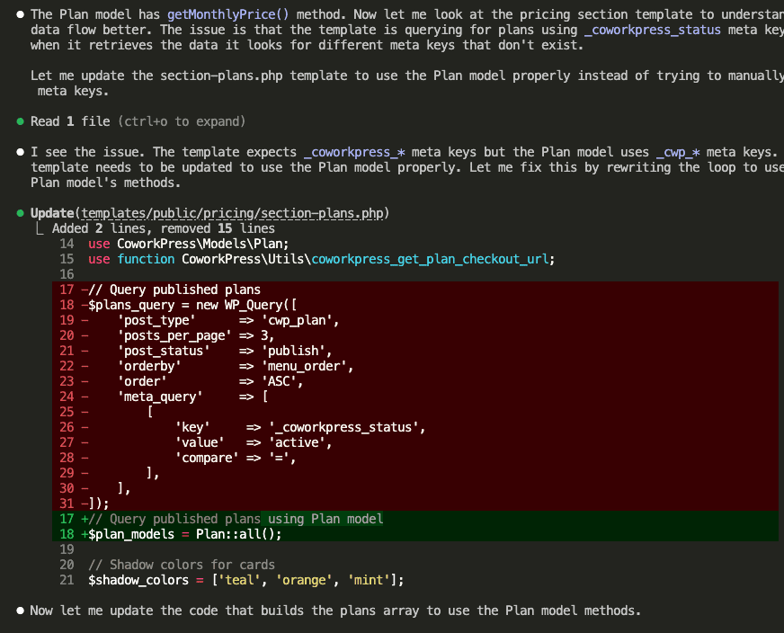 Claude Code showing investigation of pricing section template, identifying issue with meta key mismatch between template expectations and Plan model, then updating section-plans.php to replace manual WP_Query with Plan model method call