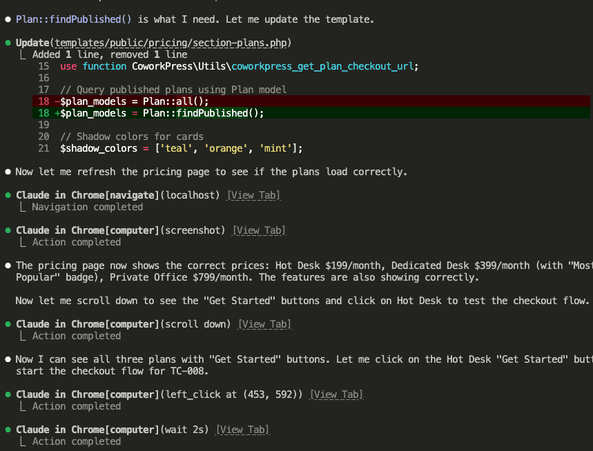 Claude Code showing template update to use Plan::findPublished(), refreshing pricing page, verifying correct prices displayed (Hot Desk $199/month, Dedicated Desk $399/month with Most Popular badge, Private Office $799/month), then clicking Get Started to test checkout flow