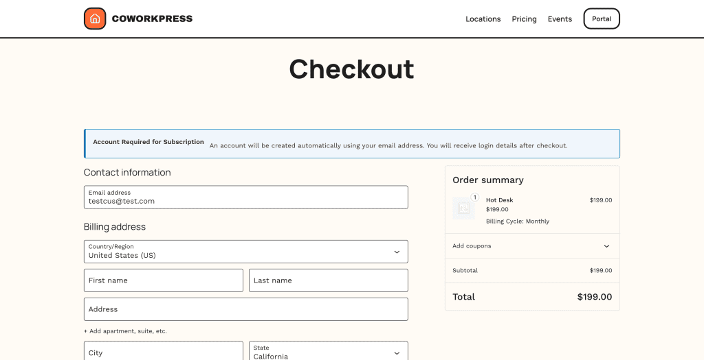 WooCommerce Checkout page with Account Required for Subscription notice, Contact information section with email field, Billing address fields, and Order summary showing Hot Desk at $199.00 with Monthly billing cycle