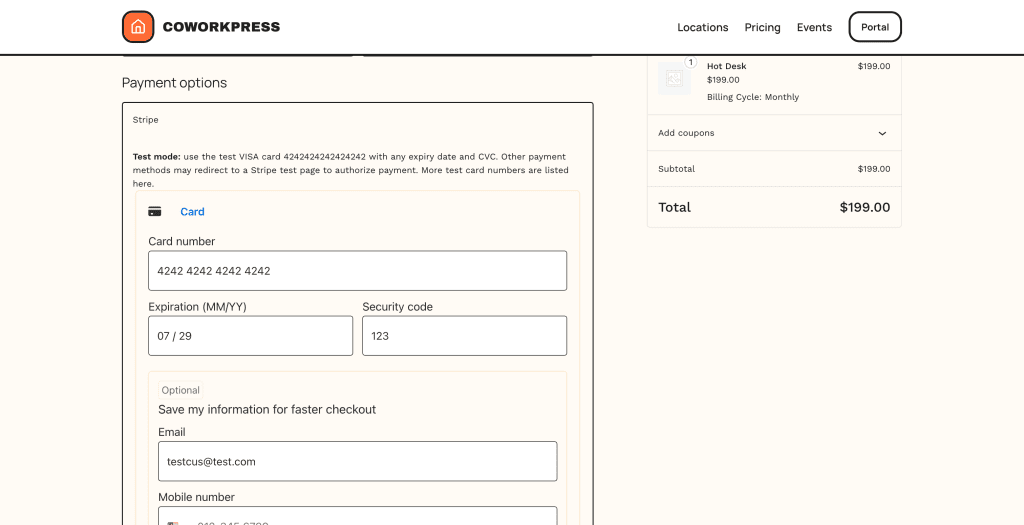 Payment options section showing Stripe card payment form with test mode notice, card number field filled with test card 4242, expiration and security code fields, and optional fields for saving payment information