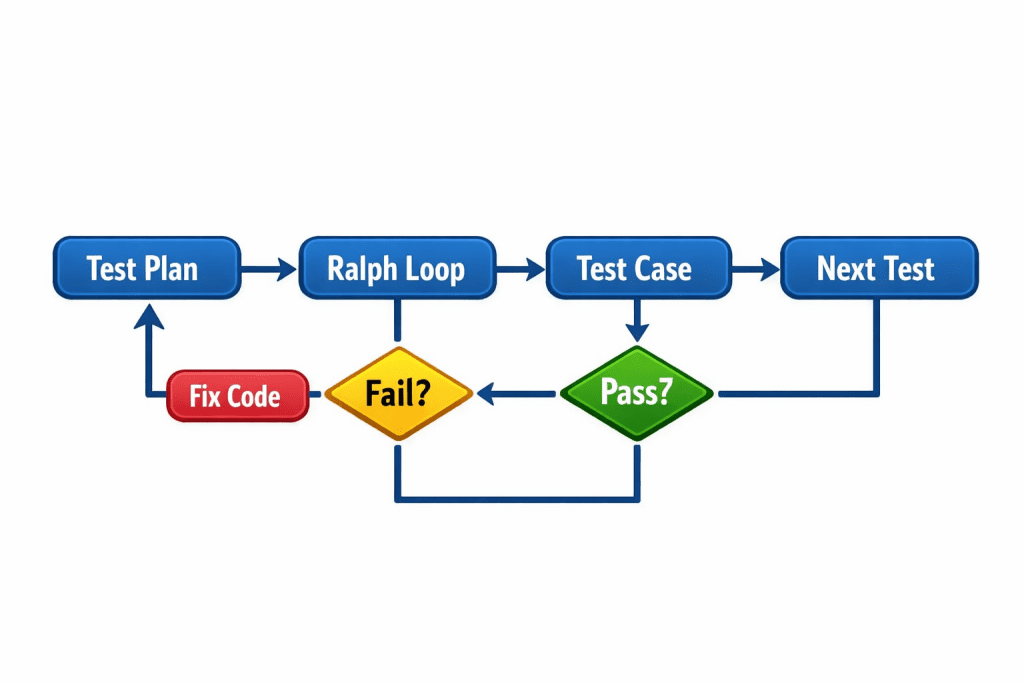 Flowchart showing a software testing cycle: Test Plan leads to Ralph Loop, then to Test Case. From Test Case, a “Pass?” decision sends successful tests to Next Test, while a “Fail?” decision sends failures to Fix Code, which loops back to the Test Plan.