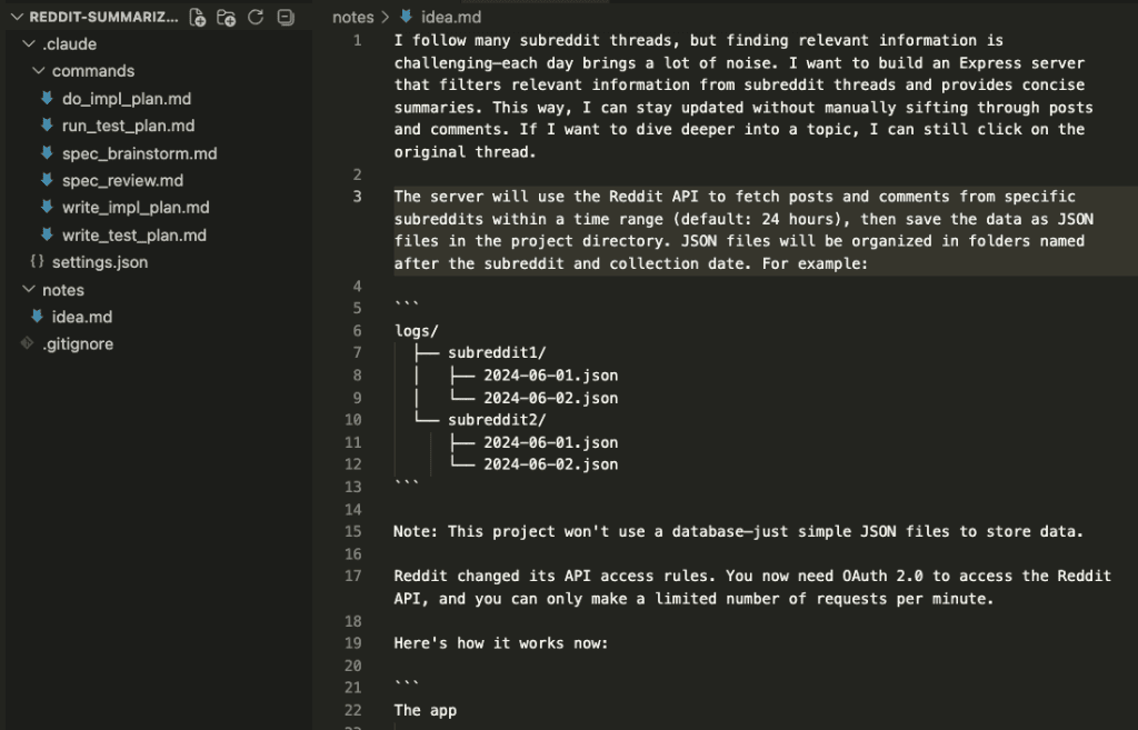 Project folder showing only the idea.md file and workflow engineering commands