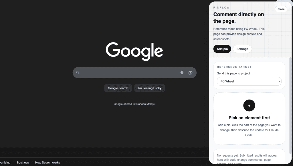 The original PinFlow extension sidebar open on a Google page, showing the element picker with a "Pick an element first" prompt