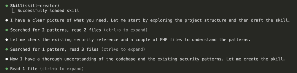 Claude Code terminal showing skill-creator successfully loaded, then searching for 2 patterns and reading files to understand the project structure, existing security references, and PHP patterns before creating the skill.