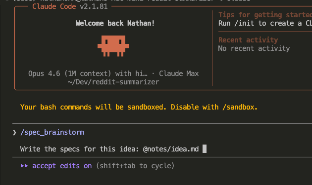 Claude Code terminal showing /spec_brainstorm command being triggered with the idea.md file
