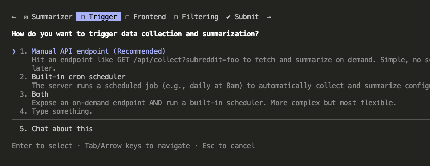 Claude Code presenting multiple-choice question about data collection trigger method with options for manual API endpoint, built-in cron scheduler, or both