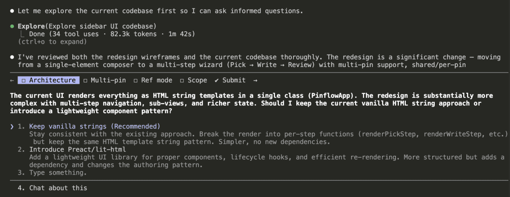 Claude exploring the codebase and asking its first architecture question about keeping vanilla HTML strings vs. introducing a lightweight component library