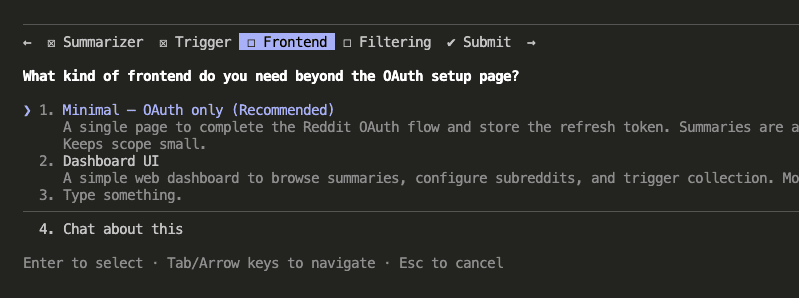 Claude Code asking about frontend scope with options for minimal OAuth-only page or full dashboard UI