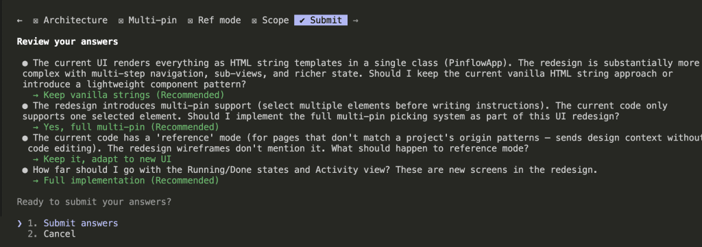 Round 1 of clarifying questions covering architecture, multi-pin support, reference mode, and implementation scope
