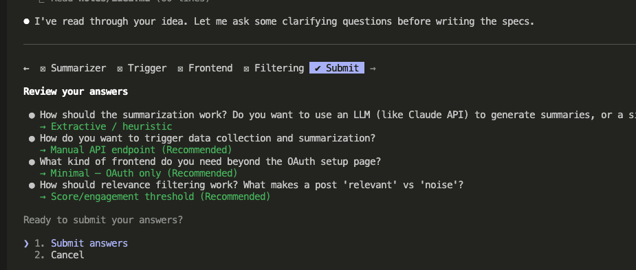 Summary of first round answers covering Summarizer, Trigger, Frontend, and Filtering categories