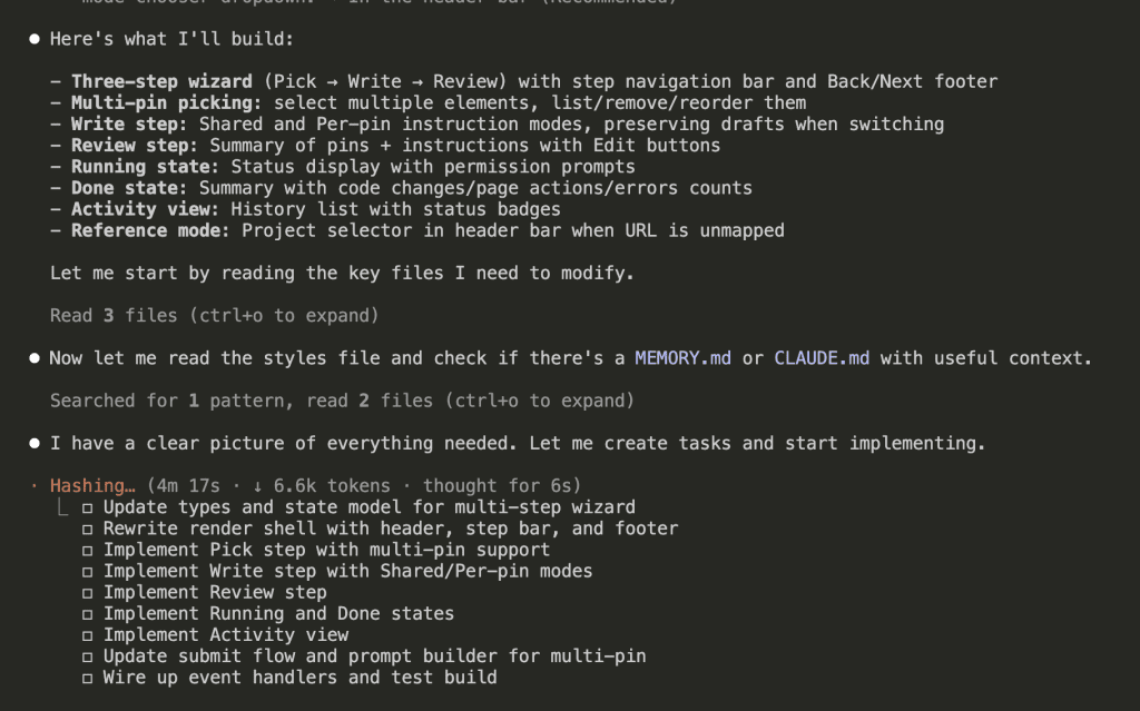 Claude creating implementation tasks: update types, rewrite render shell, implement Pick step, Write step, Review step, Running/Done states, Activity view, submit flow, and wire up event handlers