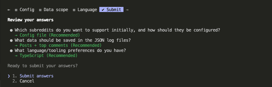 Summary of second round answers covering Config, Data scope, and Language with TypeScript selected