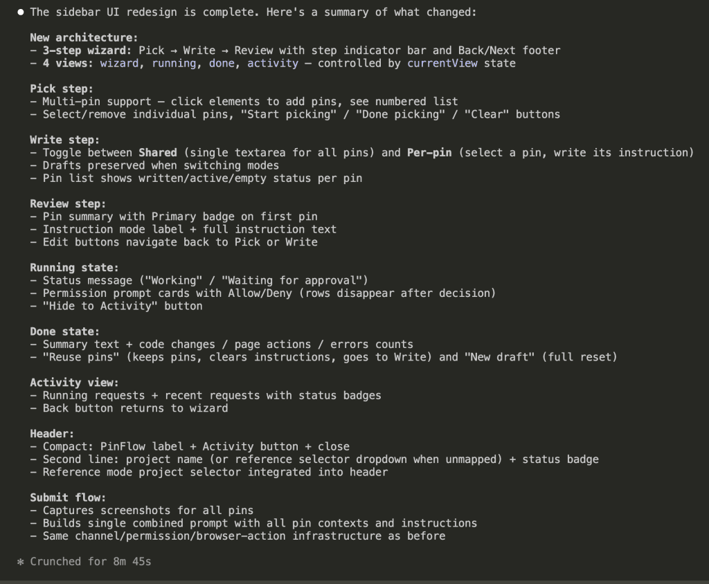 Implementation summary showing the new architecture: 3-step wizard with Pick/Write/Review steps, 4 views, multi-pin support, shared and per-pin instruction modes, running and done states, activity view, and updated submit flow