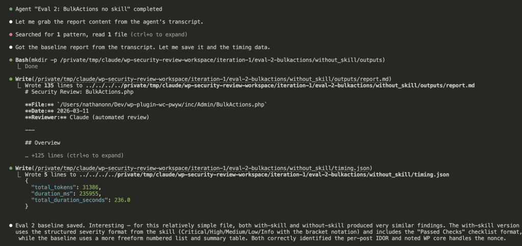 Claude Code terminal showing Eval 2 BulkActions without skill (baseline) completed - 135 lines of output with 31,386 tokens used in 236 seconds. Notes that both with-skill and without-skill produced similar findings for this relatively simple file, but the with-skill version used structured severity format and checklist notation while baseline used freeform numbered lists.