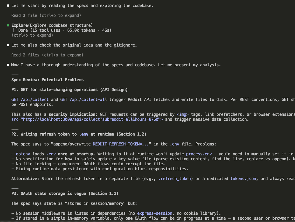 Claude Code presenting spec review findings including P1 GET for state-changing operations, P2 writing refresh token to .env, and P3 vague OAuth state storage