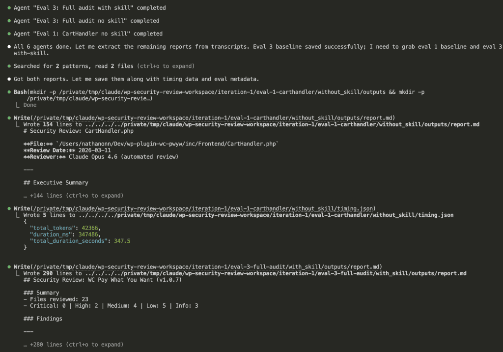 Claude Code terminal showing all 6 agents (Eval 1, 2, 3 with and without skill) completed, now extracting remaining reports from transcripts. Shows Eval 3 Full audit with skill reviewing 23 files with findings categorized as 0 Critical, 2 High, 4 Medium, 5 Low, 3 Info.