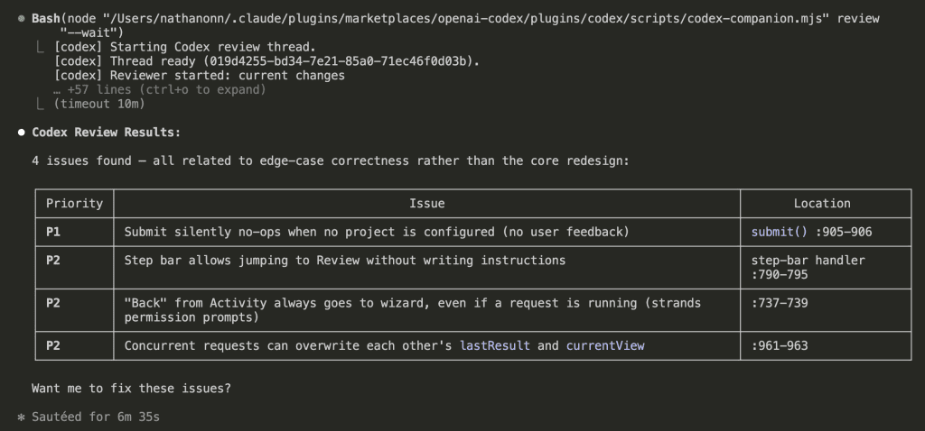 Codex Review Results showing 4 issues found — all edge-case correctness issues. A table lists: P1 Submit silently no-ops when no project configured, P2 Step bar allows jumping to Review without instructions, P2 Back from Activity strands running requests, P2 Concurrent requests can overwrite lastResult and currentView. Ends with "Want me to fix these issues?"