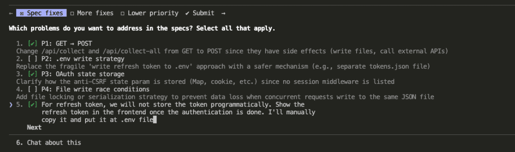 Multi-select interface showing spec fixes with options like REST endpoint methods, OAuth state storage, error strategy, and collect-all endpoint behavior