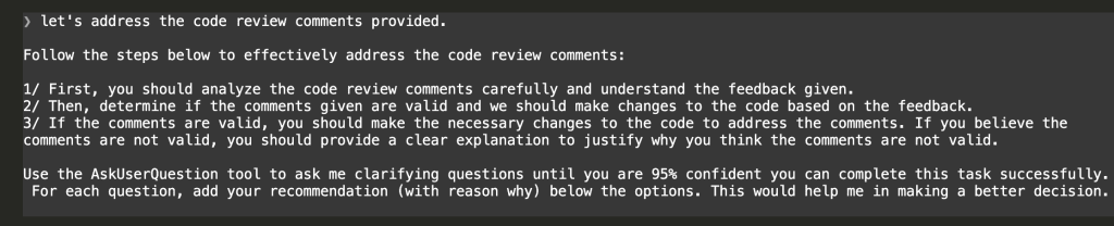 The validation prompt pasted into Claude Code after receiving Codex's review comments