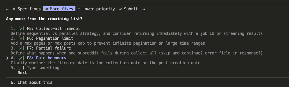 Second page of issue selection showing P5 Collect-all timeout, P6 Pagination limit, P7 Partial failure, and P8 Date boundary
