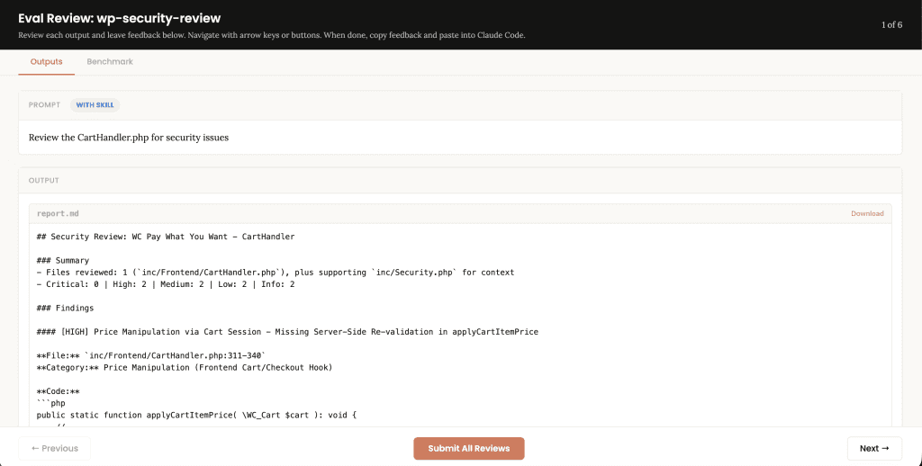 Browser-based eval review interface titled "Eval Review: wp-security-review" showing 1 of 6 test cases. Displays "WITH SKILL" tag, prompt "Review the CartHandler.php for security issues", and output showing a structured security review with Summary (0 Critical, 2 High, 2 Medium, 2 Low, 2 Info) and Findings section with severity-tagged issues like "[HIGH] Price Manipulation via Cart Session - Missing Server-Side Re-validation in applyCartItemPrice".