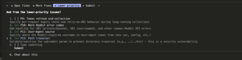 Third page showing lower priority issues including P10 More Reddit error codes, P11 User-Agent source, and P13 Path traversal security fix