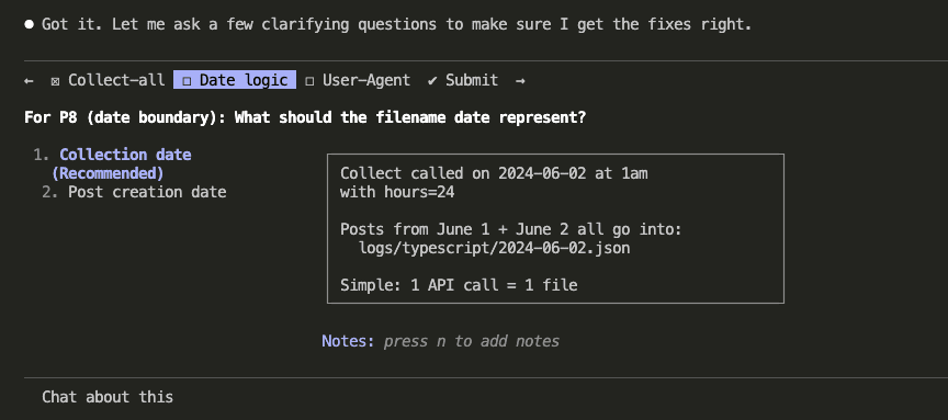 Claude asking about date boundary logic for filename dates with a visual example showing collection date mapping