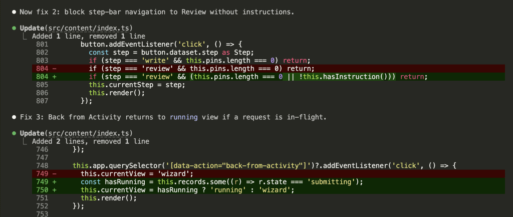 Fix 2 continued — updating the step-bar click handler condition — and Fix 3: updating the Back from Activity handler to check records.some for running state and return to the running view instead of wizard