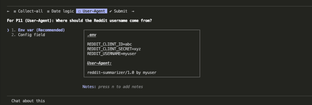 Claude asking about User-Agent source with env var recommended, showing example .env configuration