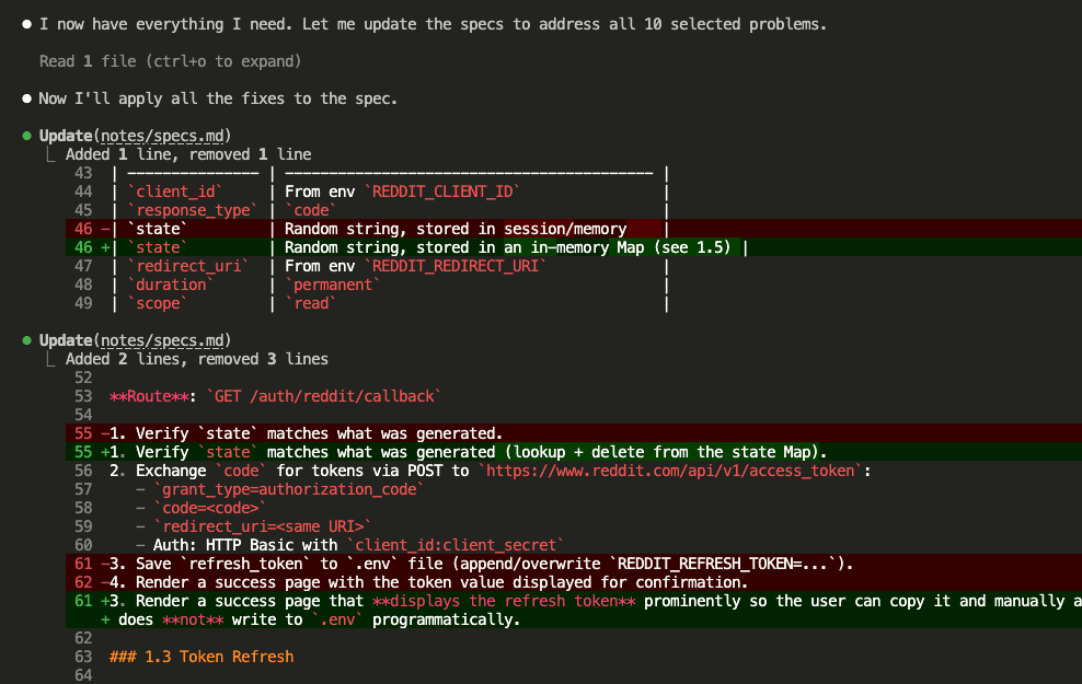Claude modifying the specs file with red/green diff showing changes to API endpoints and OAuth flow