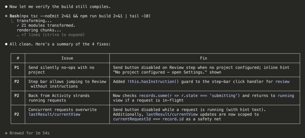 Build verification passes. Summary table showing all 4 fixes: P1 Send button disabled with inline hint, P2 hasInstruction guard added, P2 Back from Activity returns to running view, P2 Send disabled during active request with scoped state updates. "Brewed for 1m 54s"