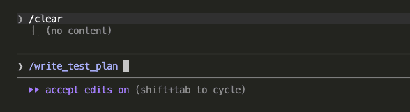 New session with /clear followed by /write_test_plan command