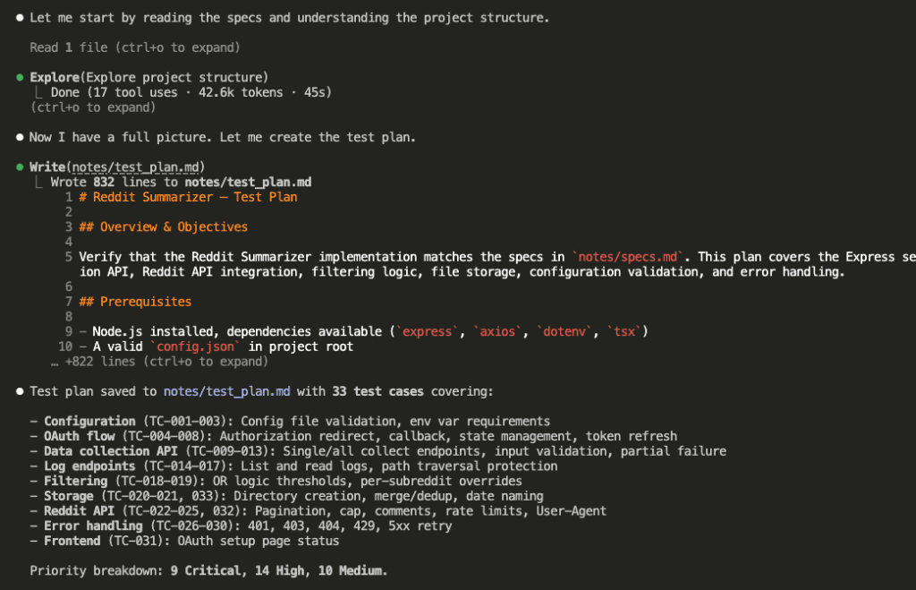 Claude writing test_plan.md with 33 test cases organized into sections covering config, OAuth, collection, filtering, storage, API, errors, frontend, and date handling