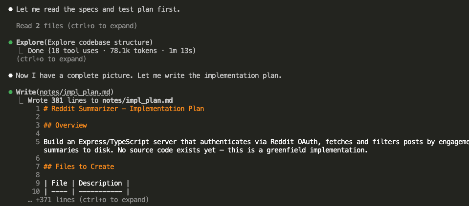 Claude writing implementation plan showing project overview and task structure with dependencies