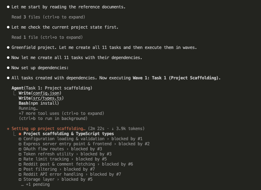 Claude creating all tasks with dependencies and executing Wave 1 Task 1 for project scaffolding