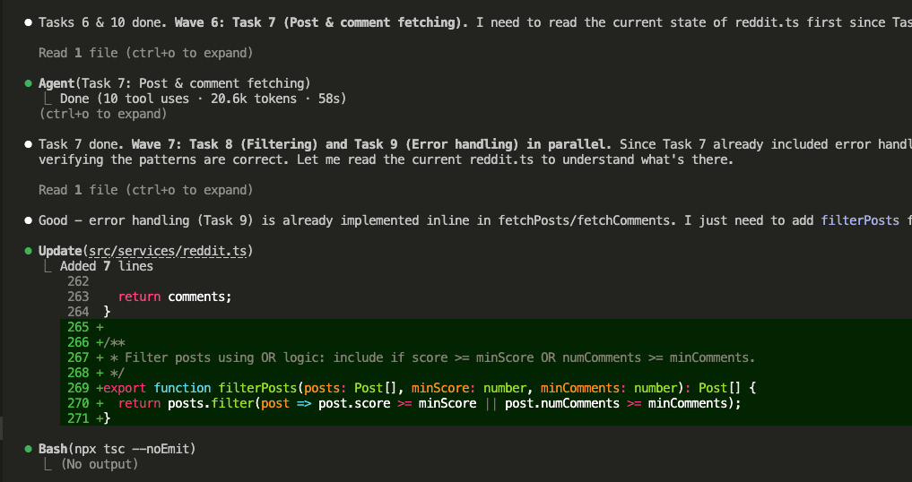 Later waves handling comment fetching, error handling, and storage management with sub-agents completing tasks