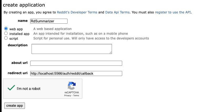 Reddit's create application page with RdSummarizer as the app name, web app type selected, and localhost redirect URI configured