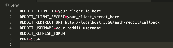 .env file showing REDDIT_CLIENT_ID, REDDIT_CLIENT_SECRET, REDDIT_REDIRECT_URI, REDDIT_USERNAME, REDDIT_REFRESH_TOKEN (empty), and PORT=5566